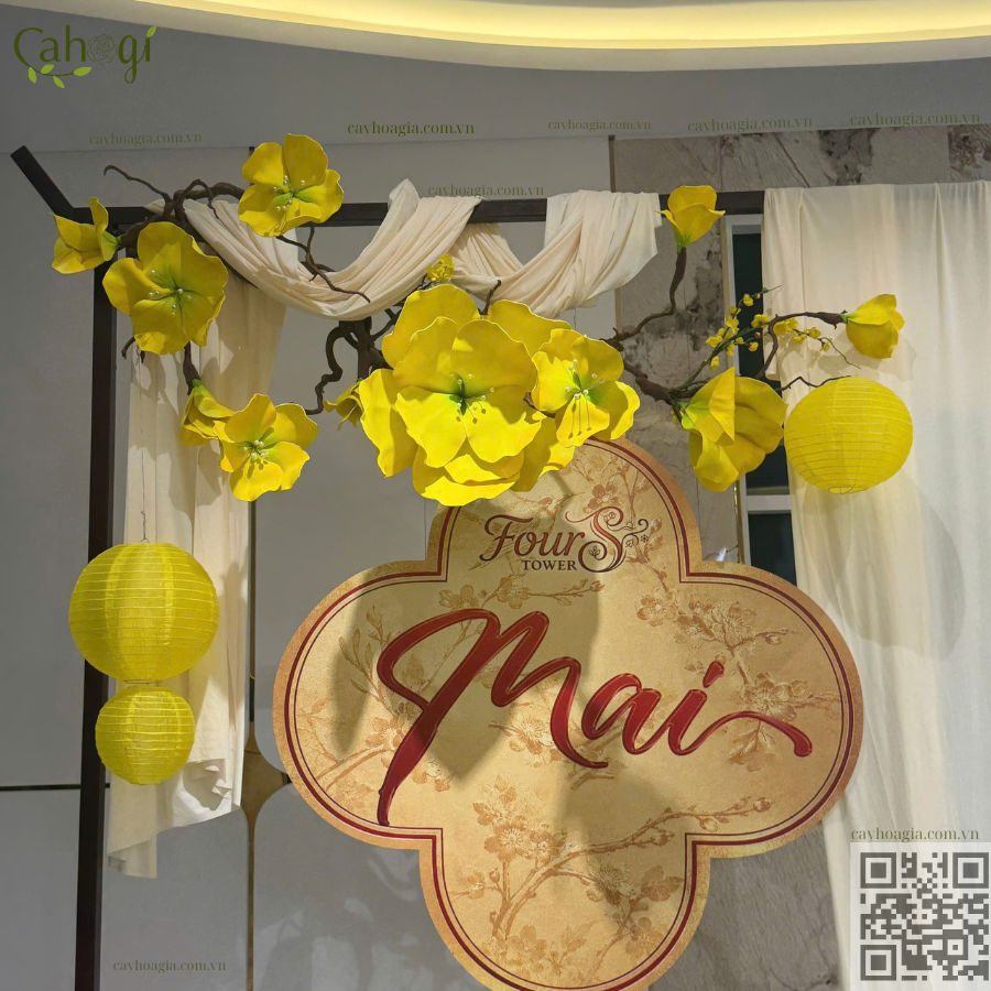Thi Công Cây Hoa Mai Gỗ Lũa Và Booth Chụp Hình Sự Kiện Fours Tower 3