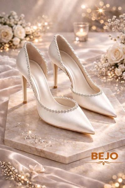  Giày cưới cao cấp BEJO WEDDING SHOSE- H51.05 viền xoàn, lụa trắng 