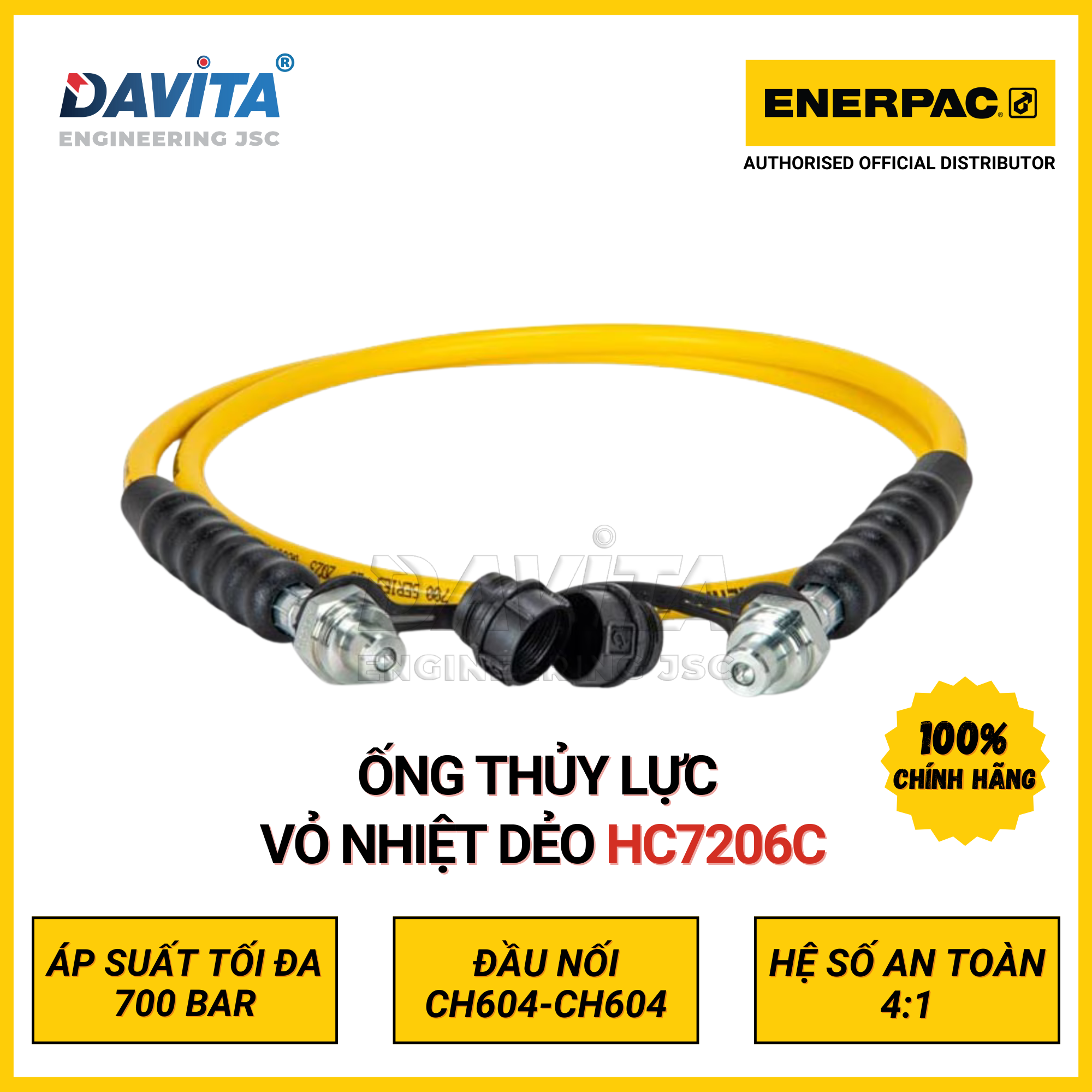 HC7206C Ống thủy lực ENERPAC vỏ nhiệt dẻo áp suất tối đa 700bar, size 1/4 inch, dài 1.8m, 2 đầu gắn nối nhanh CH604