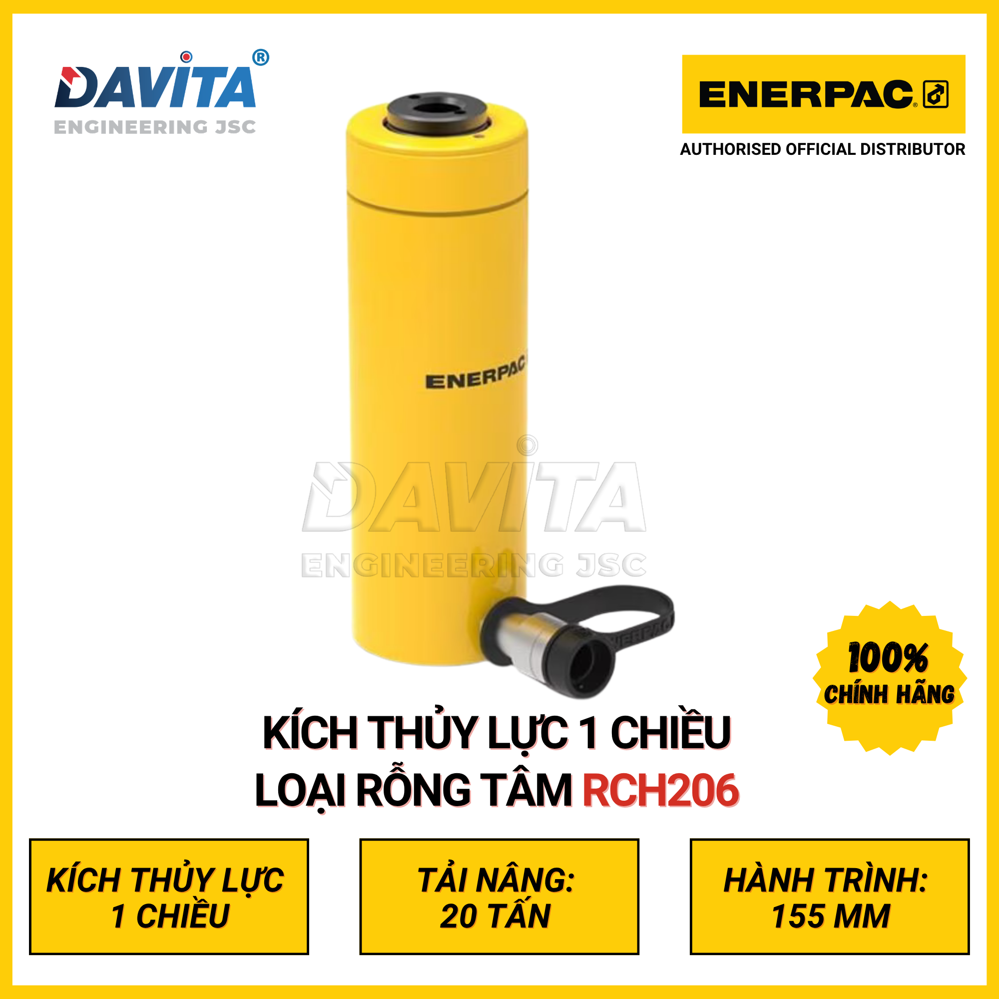 RCH206 Kích thủy lực 1 chiều ENERPAC, loại rỗng tâm, Tải nâng: 20 tấn, hành trình 155mm