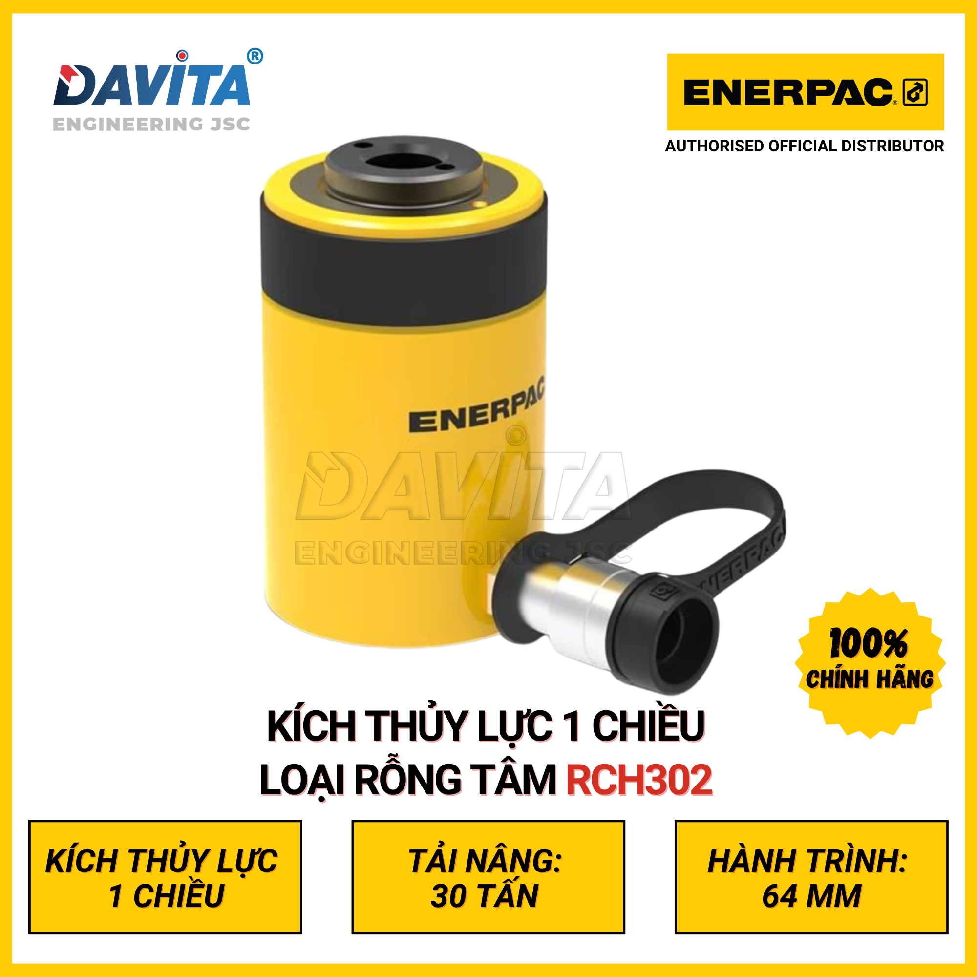 RCH302 Kích thủy lực 1 chiều hãng ENERPAC, loại rỗng tâm; Tải: 30 tấn; Hành trình 64mm