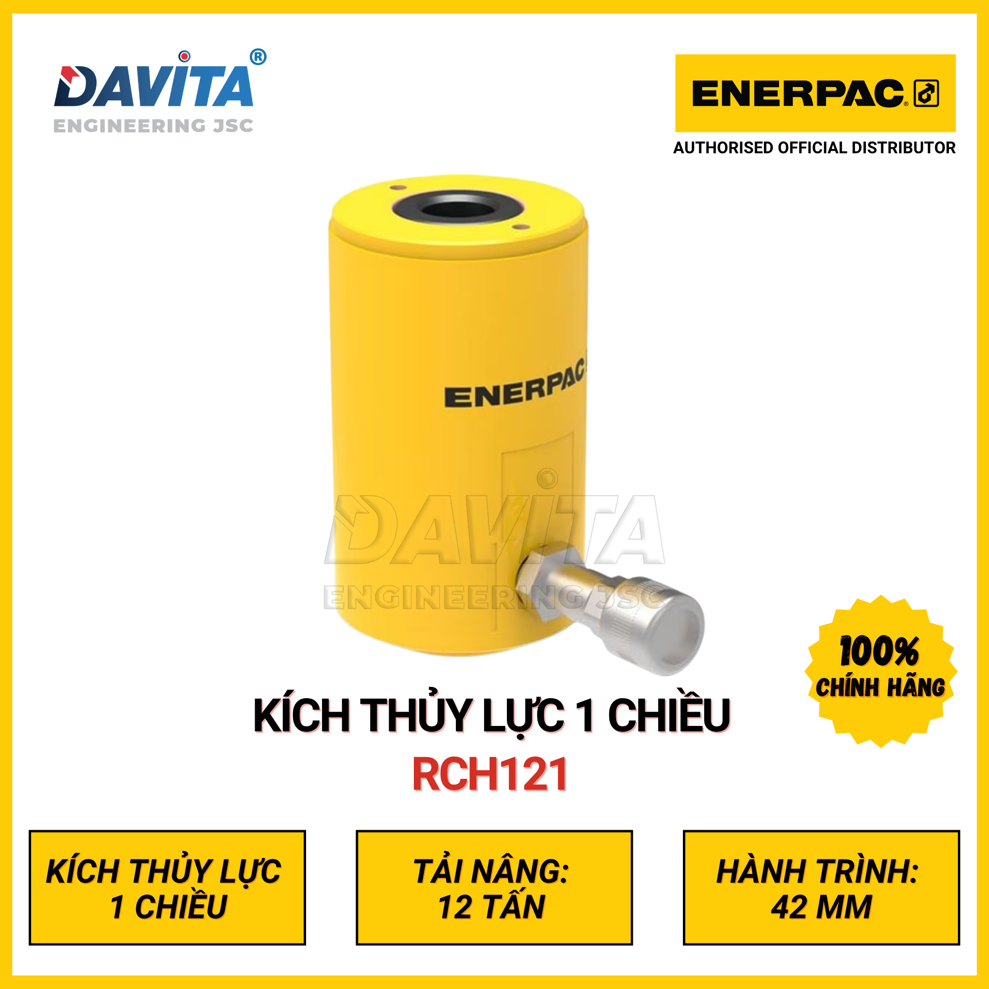 RCH121 Kích thủy lực 1 chiều ENERPAC, loại rỗng tâm; Tải: 12 tấn; Hành trình 42mm