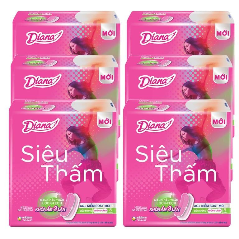  Băng vệ sinh Diana siêu thấm siêu mỏng cánh chống tràn lốc 6 gói x 8 miếng 