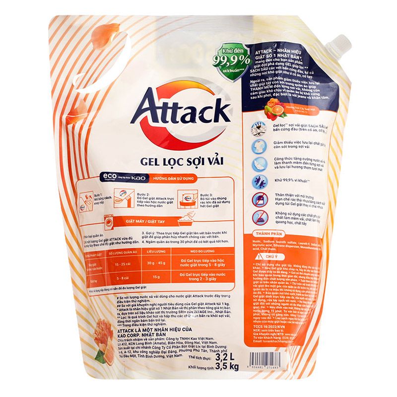  Gel giặt sạch sâu thanh mềm Attack Hương trái cây tươi mát túi 3.5kg 