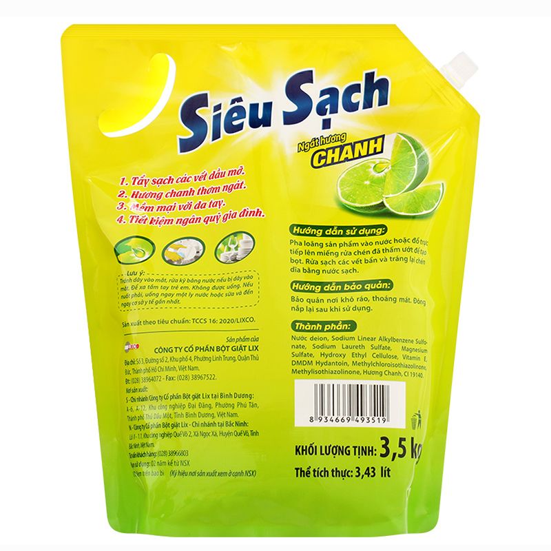  Nước rửa chén Lix siêu sạch hương chanh túi 3.43 lít 