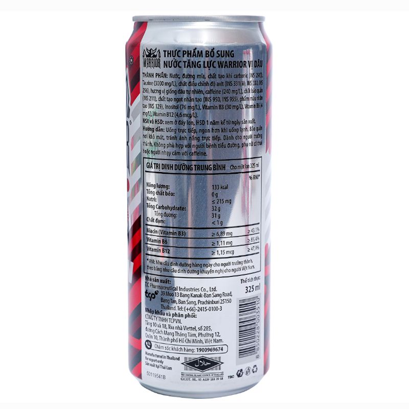  Nước tăng lực Warrior hương dâu lốc 6 lon x 325ml 