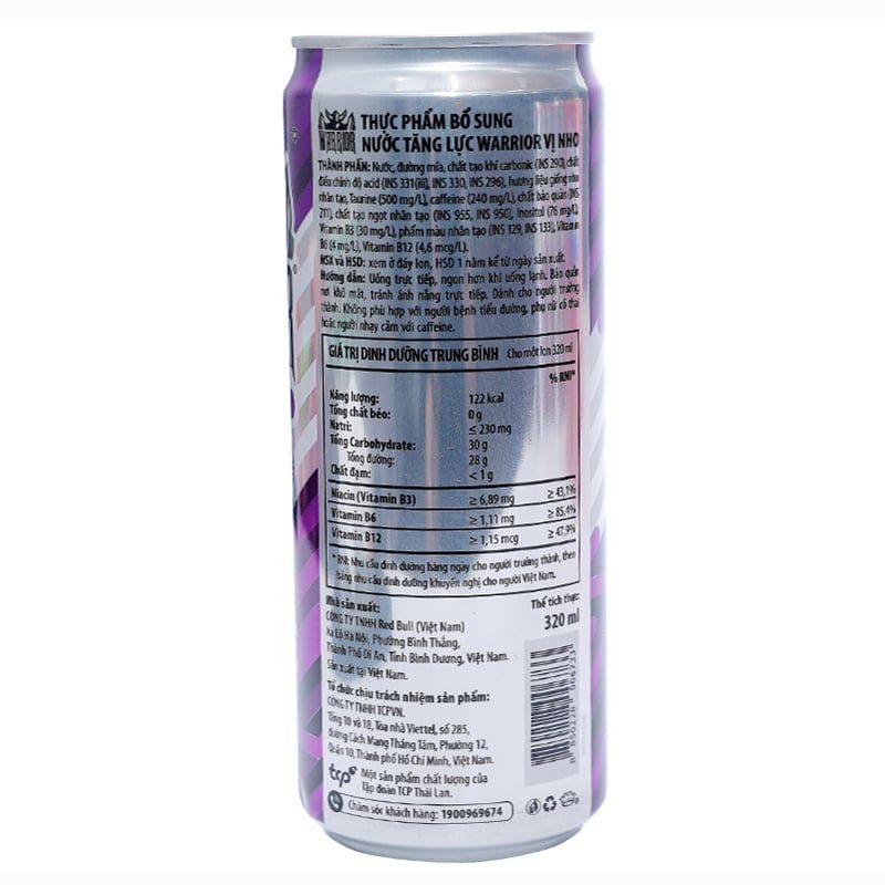  Nước tăng lực Warrior hương nho thùng 24 lon x 325ml 