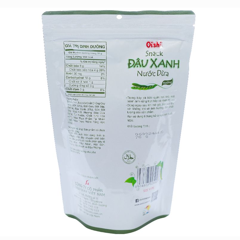 Snack đậu xanh nước dừa Oishi gói 65g 