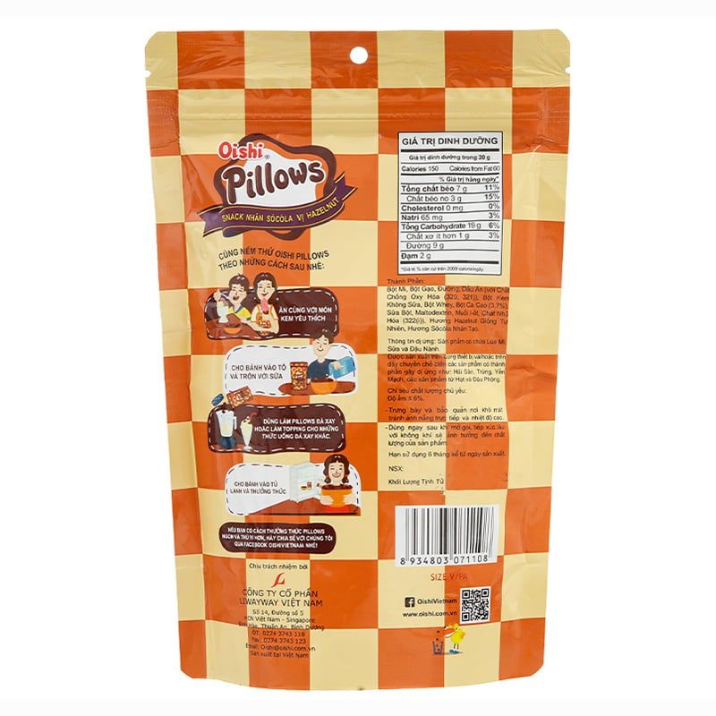  Snack nhân socola vị hazelnut Oishi Pillows gói 85g 