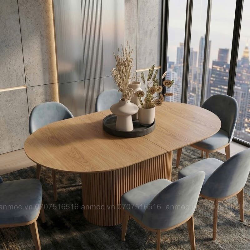 Bàn Ăn Oval Chân Trụ Gỗ Tần Bì Hiện Đại