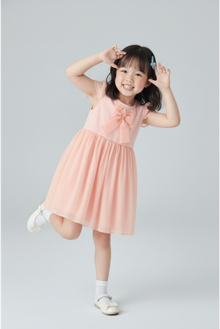 [Độc quyền Online] Đầm thun phối voan ngắn tay đính nơ bé gái Rabity 950.076