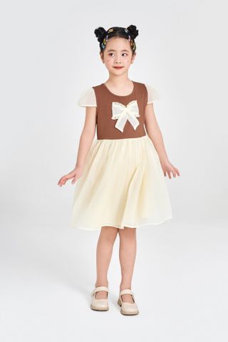 [Độc quyền Online] Đầm thun phối voan ngắn tay đính nơ bé gái Rabity 950.076