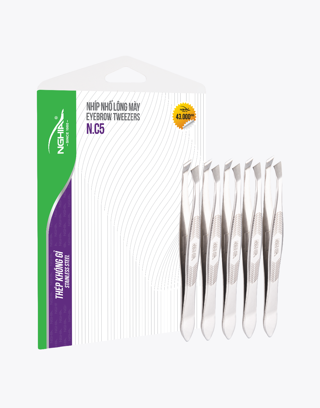  Vỉ 5 Cây Nhíp Nhổ Lông Mày Đầu Xéo Inox Kềm Nghĩa N.C5 