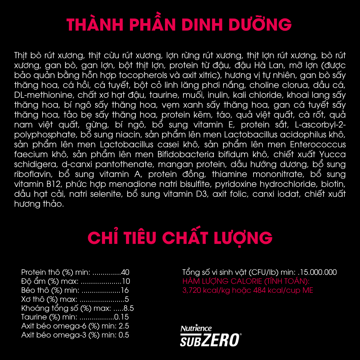  NT Subzero cho Mèo - Thịt bò, thịt cừu, lợn rừng, cá hồi, cá tuyết (Cho mọi giống mèo ở mọi lứa tuổi) 