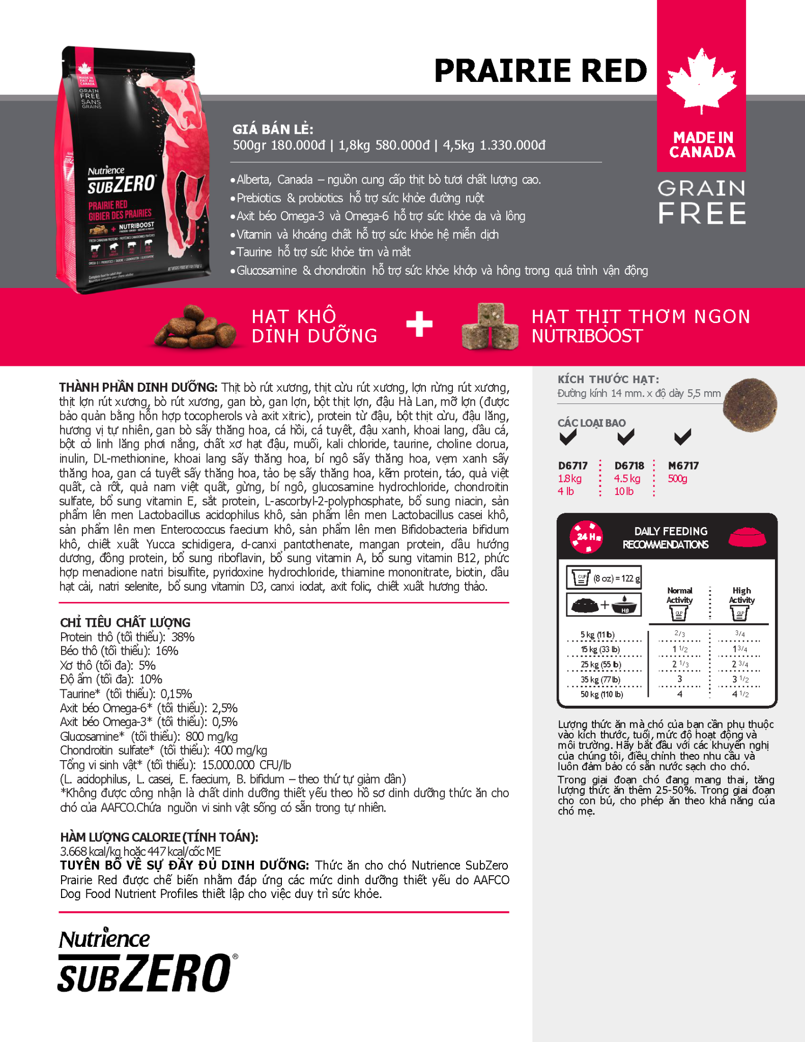 NT Subzero cho Chó - Thịt bò, thịt cừu, lợn rừng, cá hồi, cá tuyết và rau củ quả tự nhiên (Cho mọi giống chó ở mọi lứa tuổi) 
