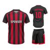 Custom Design and Manufacturing Football Kit Sports crew neck short sleeves sublimation printing pattern Striped Black Combined with Red Polyester-Spandex blend 4-way stretch OEM/ODM Low MOQ