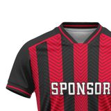 Custom Design and Manufacturing Football Kit Sports crew neck short sleeves sublimation printing pattern Striped Black Combined with Red Polyester-Spandex blend 4-way stretch OEM/ODM Low MOQ