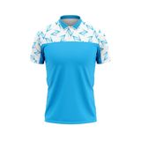 Custom Design and Manufacturing Polo Shirt Uniform Sports polo collar short sleeves sublimation printing pattern Logo Cyan White Polyester-Spandex blend 4-way stretch OEM/ODM Low MOQ