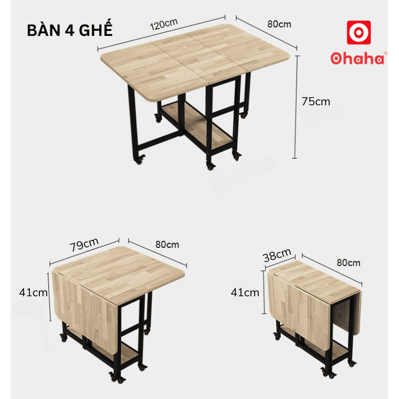 Bộ bàn ăn thông minh xếp gọn đa năng có ghế và bánh xe Ohaha - BA013