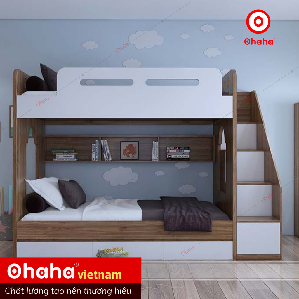 Giường tầng thông minh hiện đại Ohaha kèm cầu thang hộc kéo - GTHĐ008