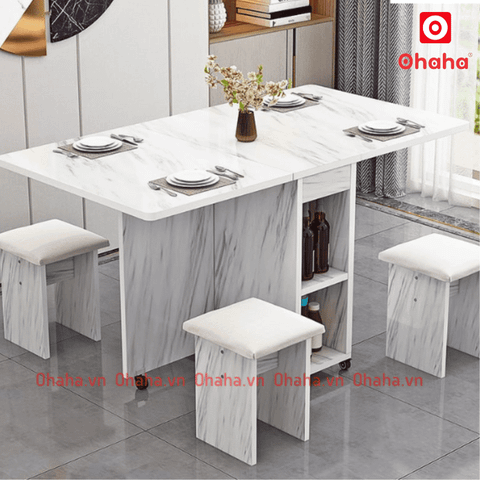 Bàn ăn gấp gọn thông minh có ghế bọc nệm và bánh xe Ohaha - BA024