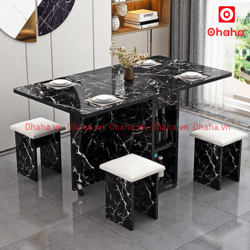 Bàn ăn gấp gọn thông minh có ghế bọc nệm và bánh xe Ohaha - BA024