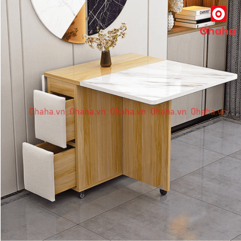 Bàn ăn gấp gọn thông minh có ghế bọc nệm và bánh xe Ohaha - BA024