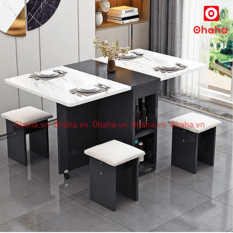 Bàn ăn gấp gọn thông minh có ghế bọc nệm và bánh xe Ohaha - BA024