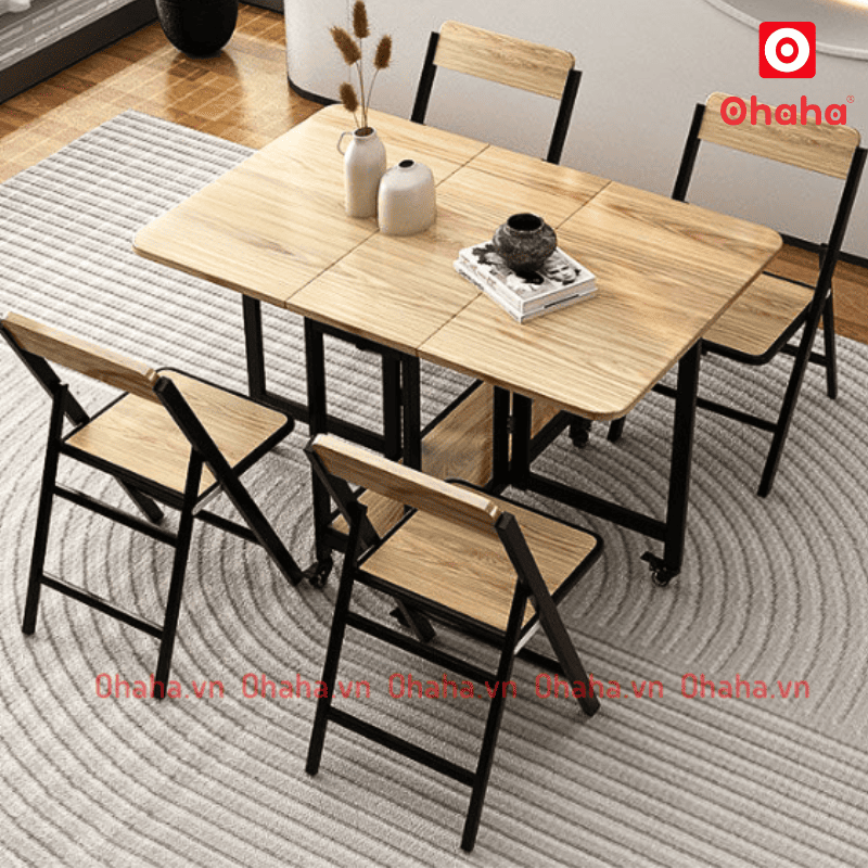 Bàn ăn gấp gọn thông minh có ghế và bánh xe Ohaha - BA023