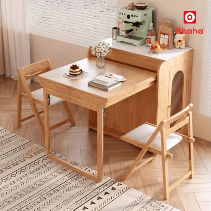 Bộ Bàn Ăn Xếp Gọn Kết Hợp Tủ Bếp Hiện Đại OHAHA - BA038 - Kèm 4 Ghế