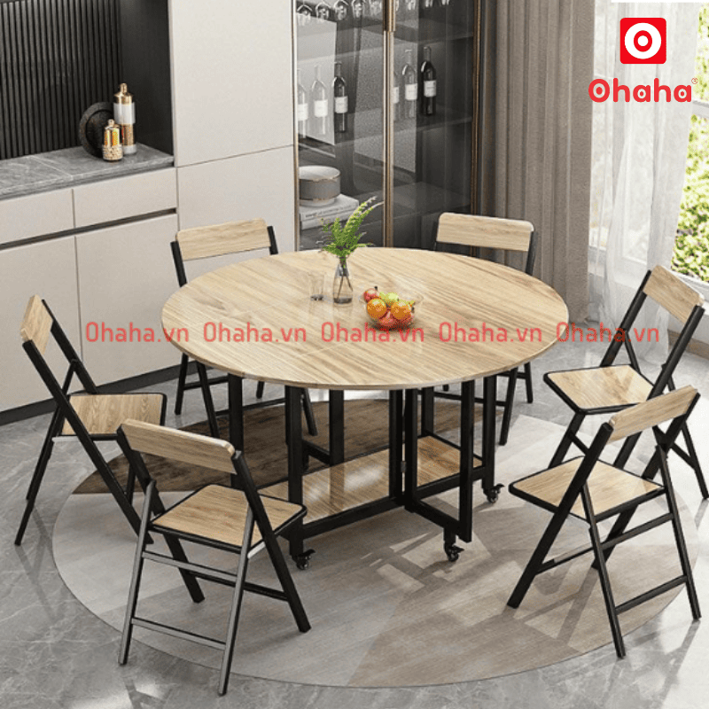 Bàn ăn gấp gọn thông minh có ghế và bánh xe Ohaha - BA025