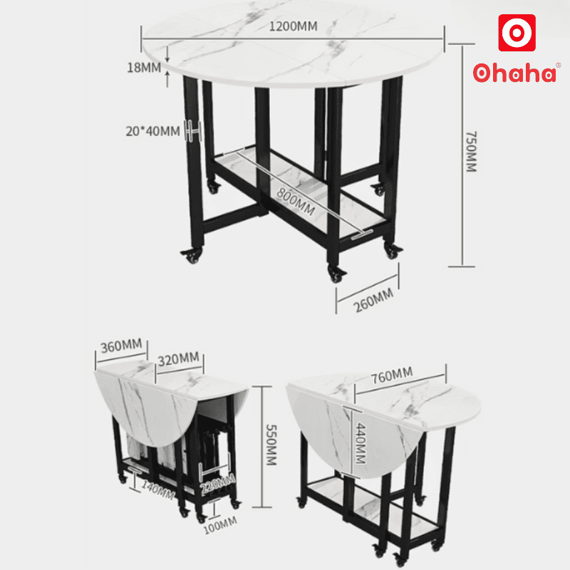 Bàn ăn gấp gọn thông minh có ghế và bánh xe Ohaha - BA025