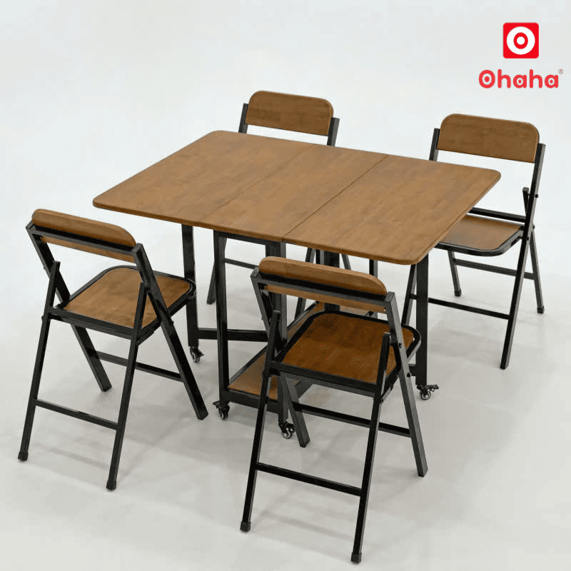 Bộ bàn ăn thông minh xếp gọn đa năng có ghế và bánh xe Ohaha - BA013