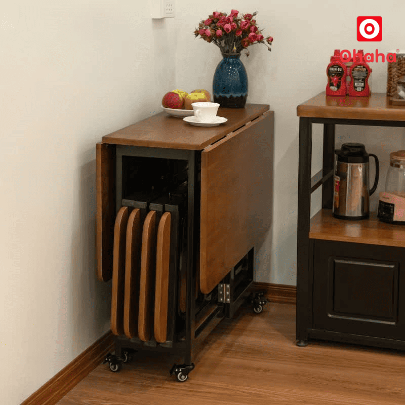Bộ bàn ăn thông minh xếp gọn đa năng có ghế và bánh xe Ohaha - BA013
