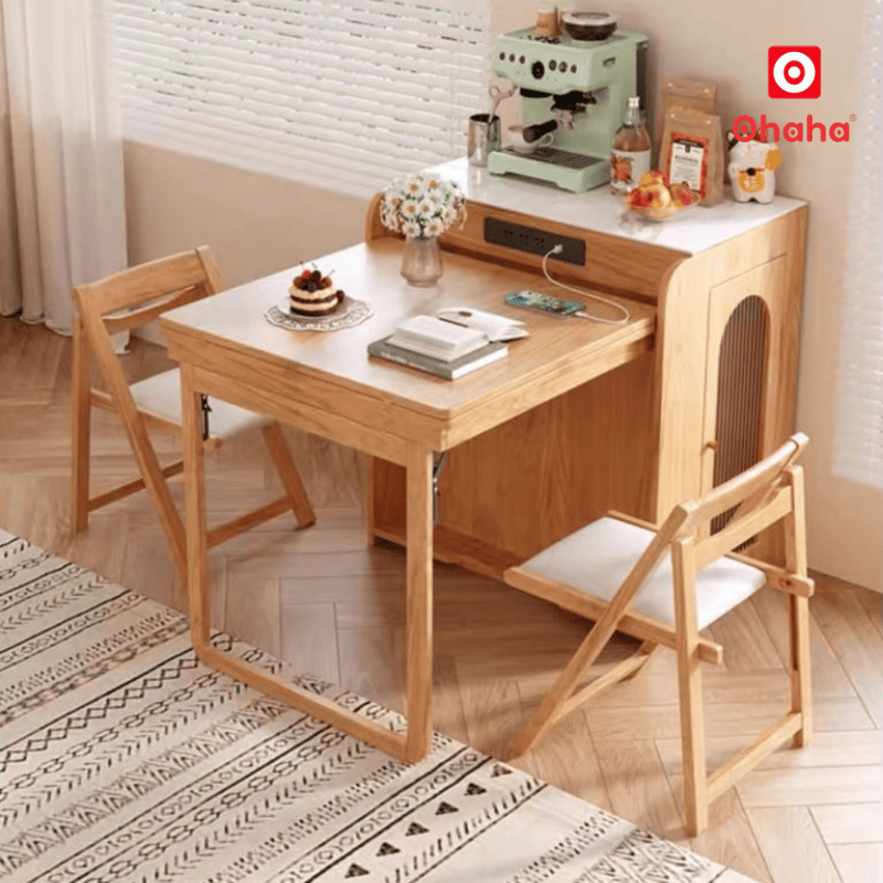 Bộ bàn ăn xếp gọn kết hợp tủ bếp hiện đại OHAHA - BA038