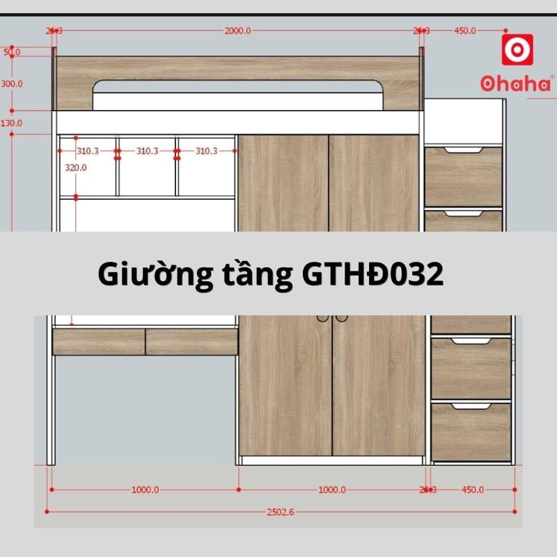 Giường tầng hiện đại tích hợp bàn học và tủ quần áo Ohaha - GTHĐ032