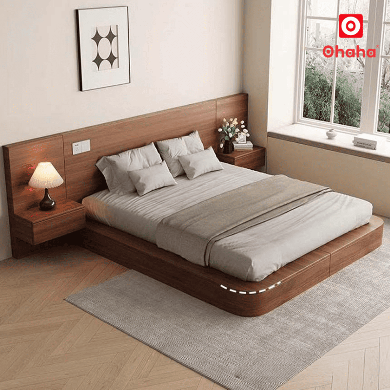 Giường ngủ bệt kiểu Nhật kèm 2 tab đầu giường hiện đại OHAHA - GB018