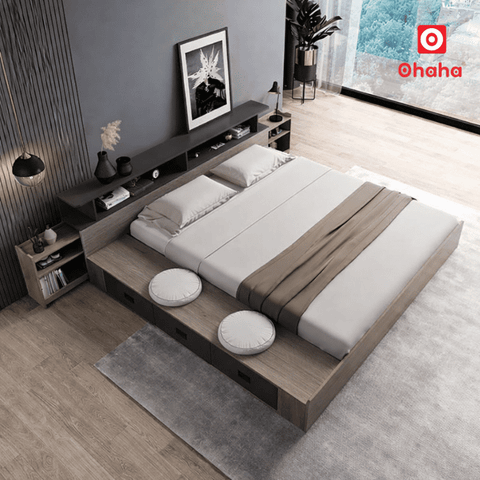 Giường ngủ bệt kiểu Nhật kèm tủ đầu giường hiện đại OHAHA - GB020