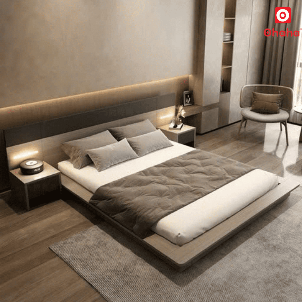 Giường ngủ bệt kiểu Nhật kèm tủ đầu giường và đèn LED - GB001