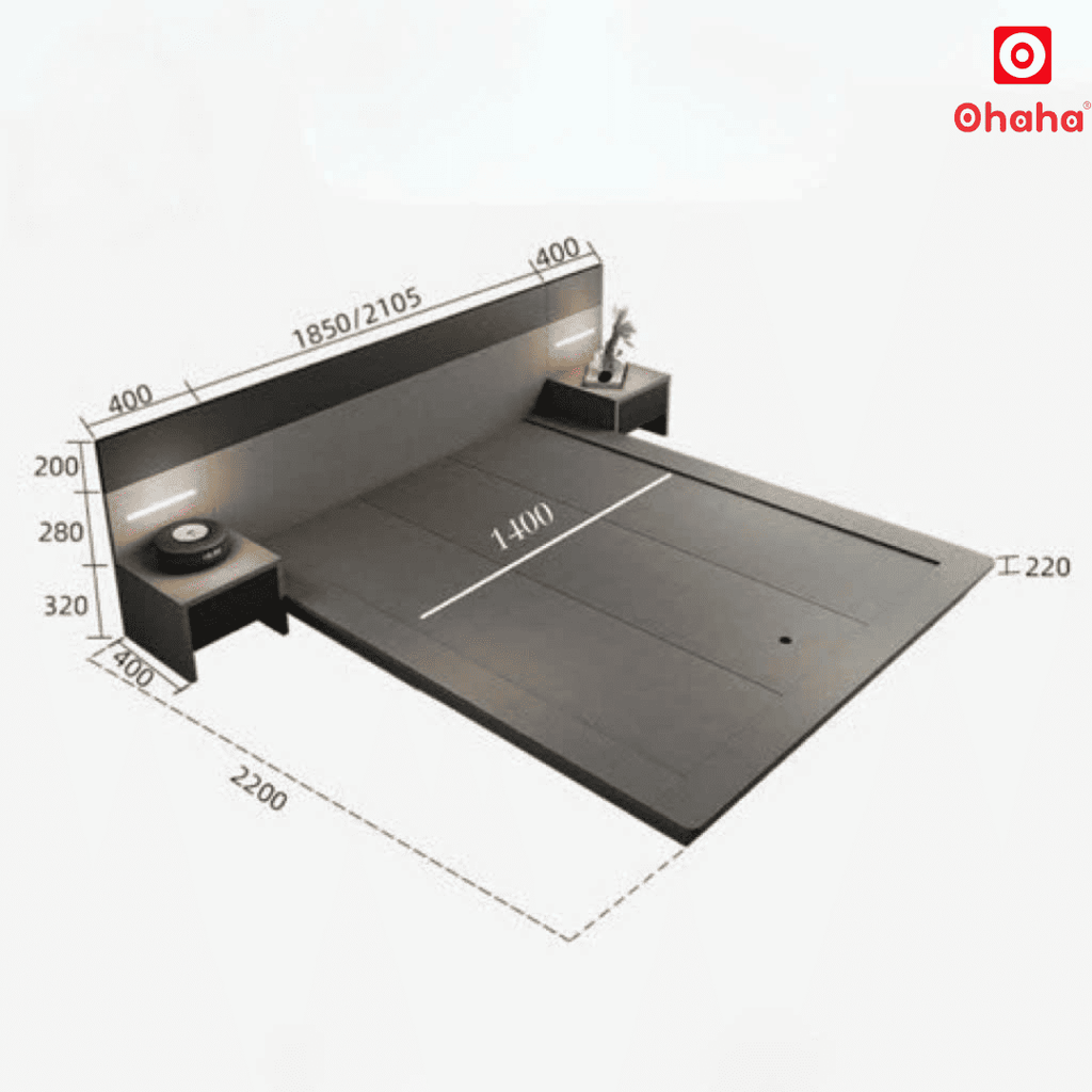 Giường ngủ bệt kiểu Nhật kèm tủ đầu giường và đèn LED - GB001