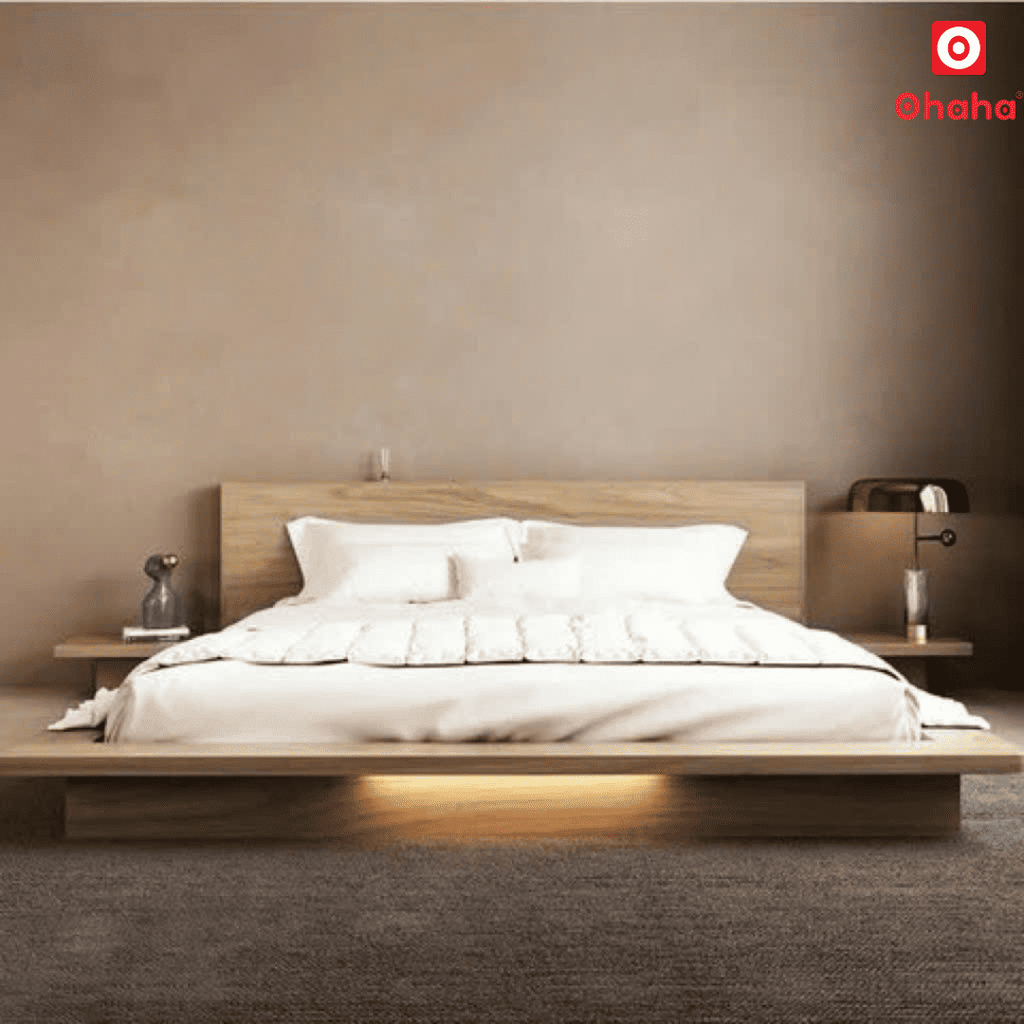 Giường ngủ bệt kiểu Nhật kèm tủ đầu giường và đèn Led - GB002