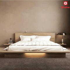 Giường ngủ bệt kiểu Nhật kèm tủ đầu giường và đèn Led - GB002