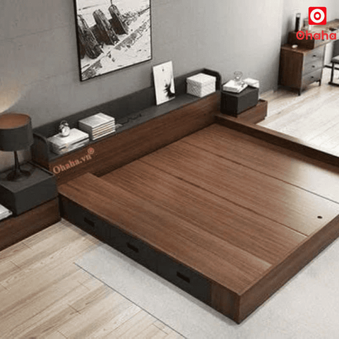 Giường ngủ bệt kiểu Nhật kèm tủ đầu giường và hộc kéo Ohaha - GB004