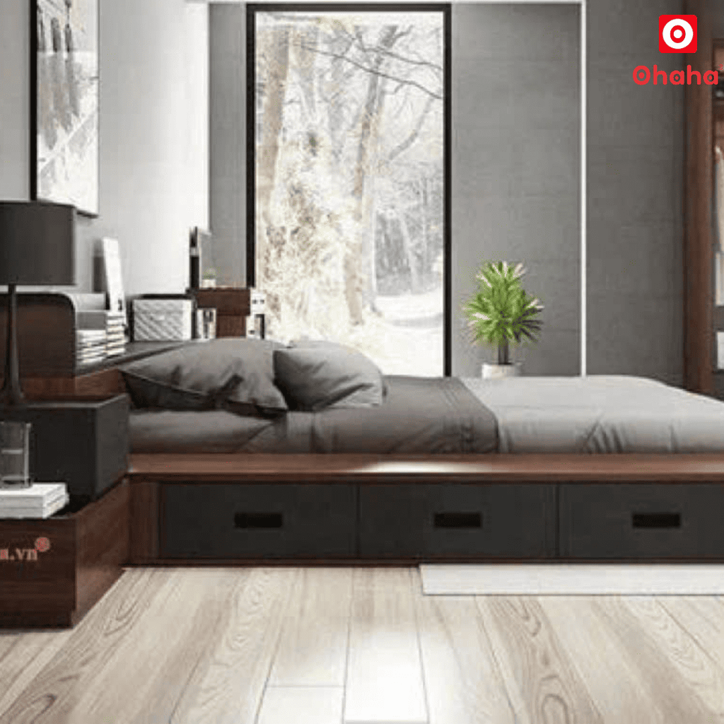 Giường ngủ bệt kiểu Nhật kèm tủ đầu giường và hộc kéo Ohaha - GB004
