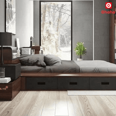 Giường ngủ bệt kiểu Nhật kèm tủ đầu giường và hộc kéo Ohaha - GB004
