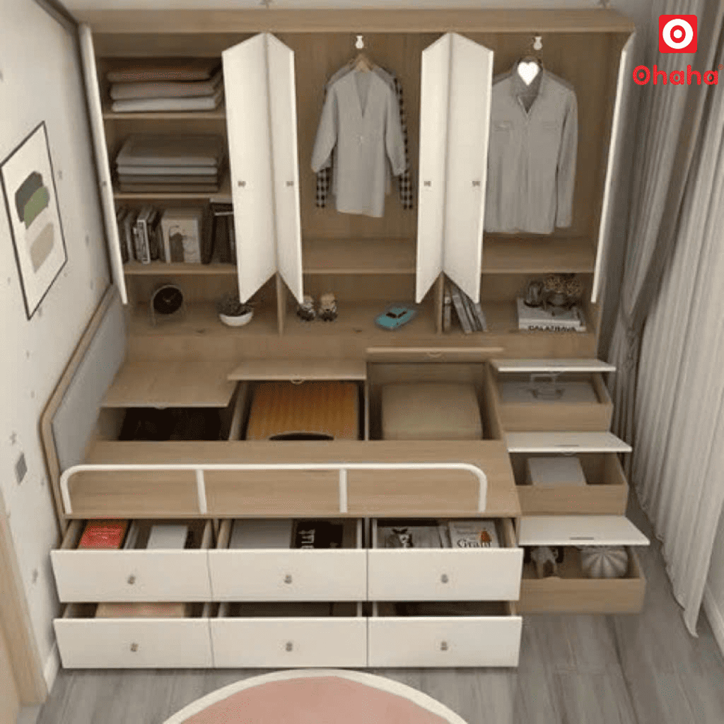 Combo giường ngủ đa năng nhiều tủ kệ Ohaha - GĐN001