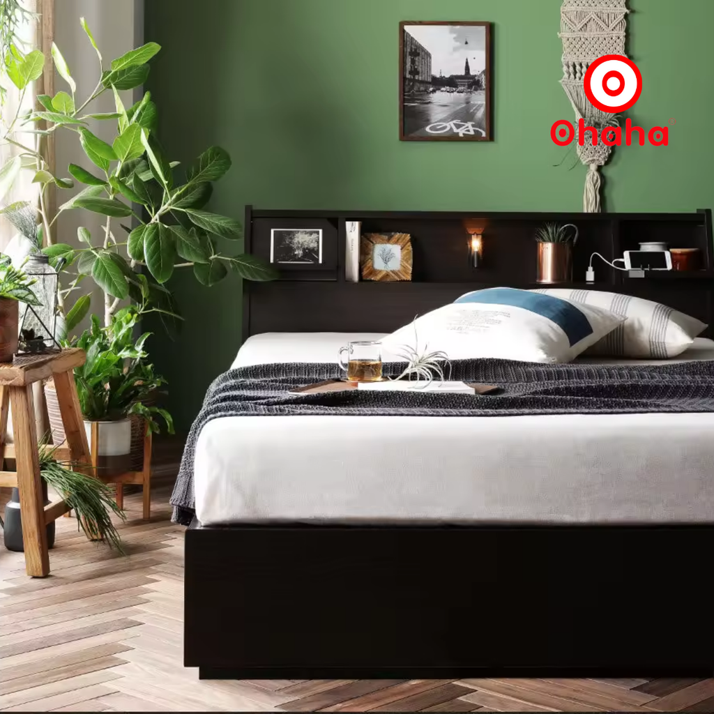 Giường ngủ gỗ công nghiệp cao cấp OHAHA chuẩn Nhật - Black Bed - GC041-02