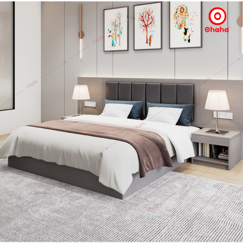 Giường ngủ gỗ công nghiệp hiện đại kèm tab đầu giường OHAHA - GC049