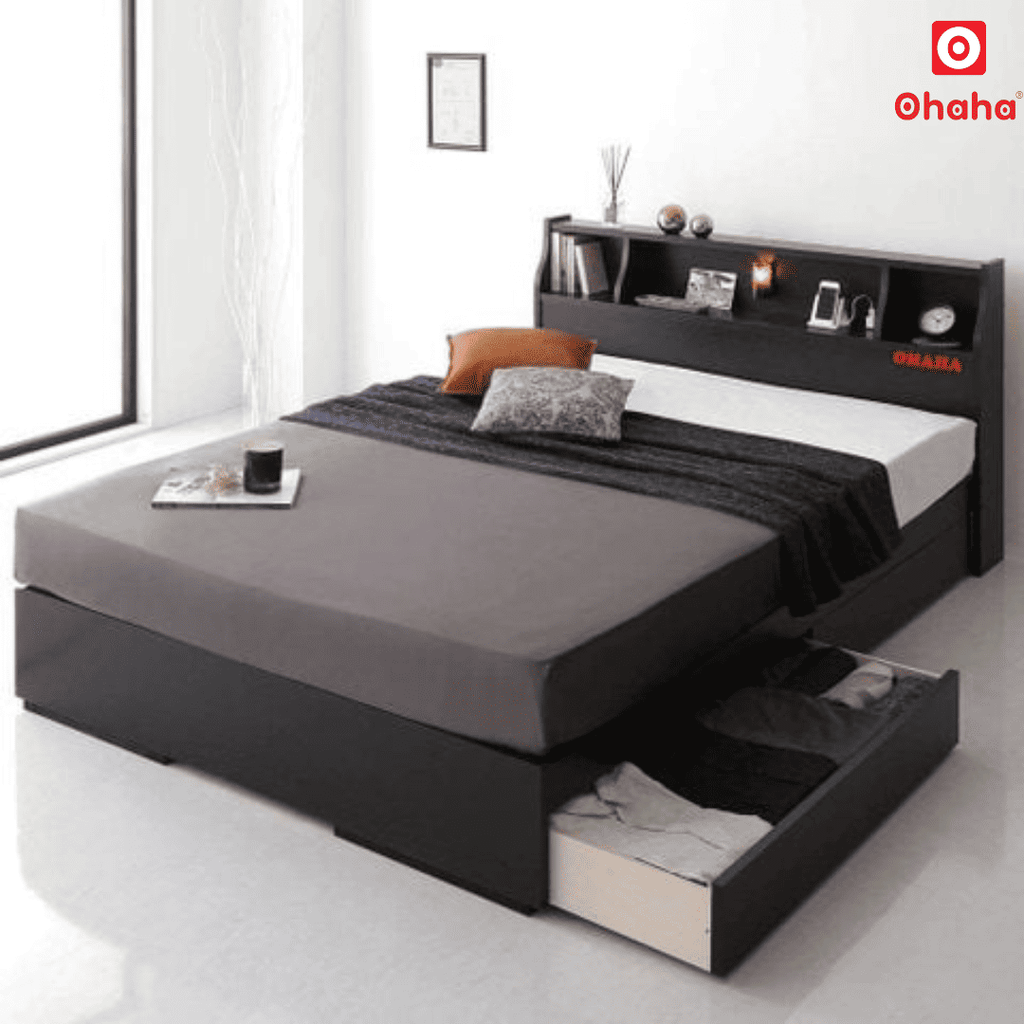 Giường ngủ gỗ công nghiệp cao cấp OHAHA chuẩn Nhật - Black Bed - GC041-02