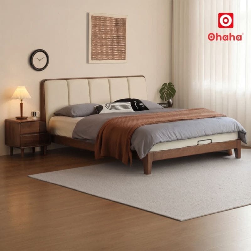 Giường ngủ gỗ tự nhiên bọc nệm cao cấp OHAHA - GGTN021